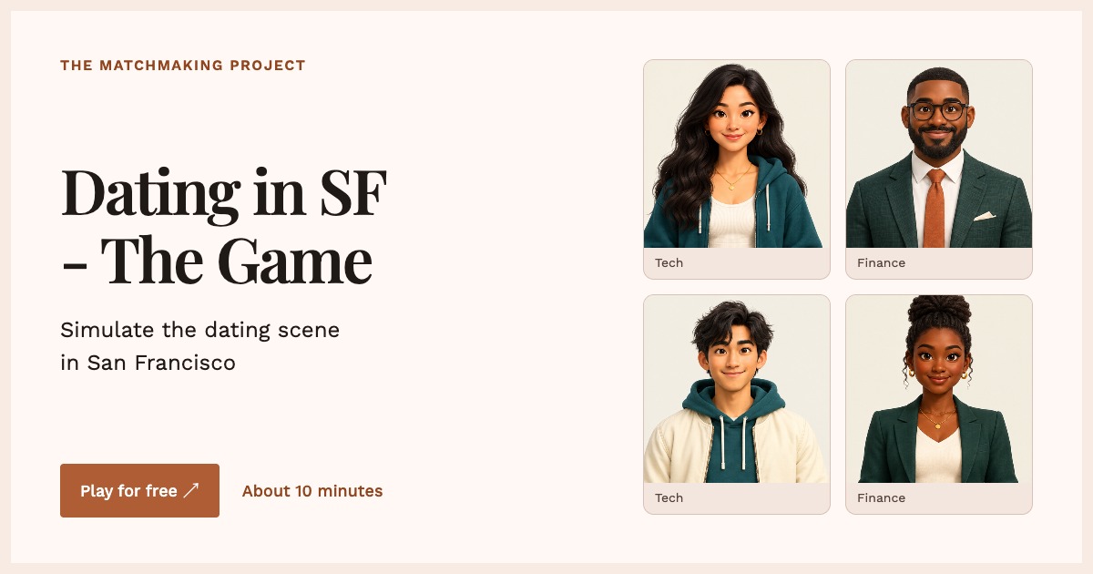 Four illustrated characters from Dating in SF - The Game.